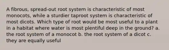 A fibrous, spread-out root system is characteristic of most monocots, while a sturdier taproot system is characteristic of most dicots. Which type of root would be most useful to a plant in a habitat where water is most plentiful deep in the ground? a. the root system of a monocot b. the root system of a dicot c. they are equally useful