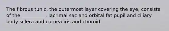 The fibrous tunic, the outermost layer covering the eye, consists of the __________. lacrimal sac and orbital fat pupil and ciliary body sclera and cornea iris and choroid