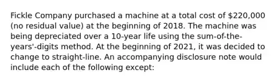 Fickle Company purchased a machine at a total cost of 220,000 (no residual value) at the beginning of 2018. The machine was being depreciated over a 10-year life using the sum-of-the-years'-digits method. At the beginning of 2021, it was decided to change to straight-line. An accompanying disclosure note would include each of the following except: