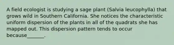 A field ecologist is studying a sage plant (Salvia leucophylla) that grows wild in Southern California. She notices the characteristic uniform dispersion of the plants in all of the quadrats she has mapped out. This dispersion pattern tends to occur because_______.