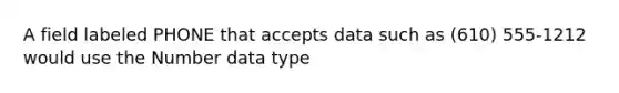 A field labeled PHONE that accepts data such as (610) 555-1212 would use the Number data type