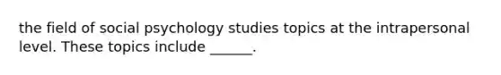 the field of social psychology studies topics at the intrapersonal level. These topics include ______.