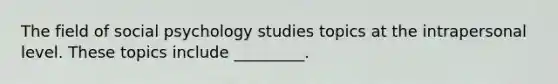 The field of social psychology studies topics at the intrapersonal level. These topics include _________.