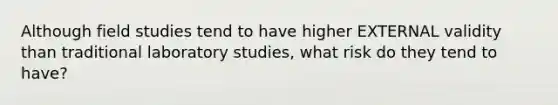 Although field studies tend to have higher EXTERNAL validity than traditional laboratory studies, what risk do they tend to have?