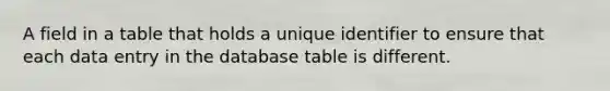 A field in a table that holds a unique identifier to ensure that each data entry in the database table is different.