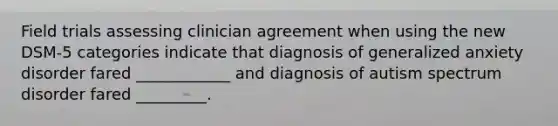 Field trials assessing clinician agreement when using the new DSM-5 categories indicate that diagnosis of generalized anxiety disorder fared ____________ and diagnosis of autism spectrum disorder fared _________.