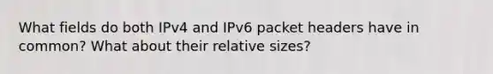 What fields do both IPv4 and IPv6 packet headers have in common? What about their relative sizes?