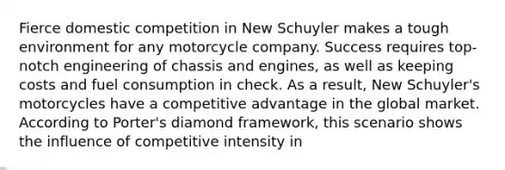 Fierce domestic competition in New Schuyler makes a tough environment for any motorcycle company. Success requires top-notch engineering of chassis and engines, as well as keeping costs and fuel consumption in check. As a result, New Schuyler's motorcycles have a competitive advantage in the global market. According to Porter's diamond framework, this scenario shows the influence of competitive intensity in