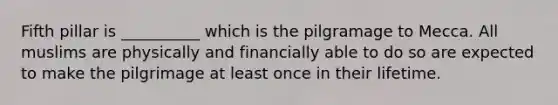 Fifth pillar is __________ which is the pilgramage to Mecca. All muslims are physically and financially able to do so are expected to make the pilgrimage at least once in their lifetime.