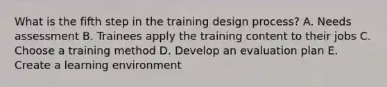 What is the fifth step in the training design process? A. Needs assessment B. Trainees apply the training content to their jobs C. Choose a training method D. Develop an evaluation plan E. Create a learning environment