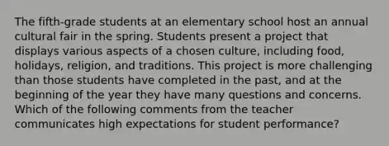 The fifth-grade students at an elementary school host an annual cultural fair in the spring. Students present a project that displays various aspects of a chosen culture, including food, holidays, religion, and traditions. This project is more challenging than those students have completed in the past, and at the beginning of the year they have many questions and concerns. Which of the following comments from the teacher communicates high expectations for student performance?