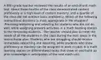 A fifth-grade teacher reviewed the results of an end-of-unit math test. About three-fourths of the class demonstrated content proficiency or a high level of content mastery, and a quarter of the class did not achieve basic proficiency. Which of the following instructional decisions is most appropriate in the situation? .Providing reteaching and retesting for students who did not do well, while assigning prework activities in a math learning station to the remaining students . The teacher should plan to meet the needs of all the students in the class during the next steps in the instructional plan. Students who are struggling should receive immediate reteaching and retesting, while students who show proficiency or mastery can be assigned to work in pairs in a math learning station on differentiated tasks that draw on and build up prior knowledge in anticipation of the next math unit.