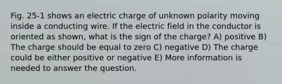 Fig. 25-1 shows an electric charge of unknown polarity moving inside a conducting wire. If the electric field in the conductor is oriented as shown, what is the sign of the charge? A) positive B) The charge should be equal to zero C) negative D) The charge could be either positive or negative E) More information is needed to answer the question.