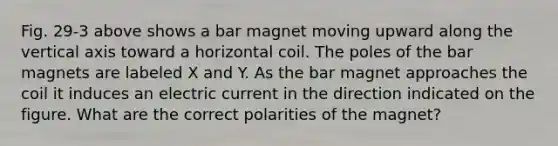 Fig. 29-3 above shows a bar magnet moving upward along the vertical axis toward a horizontal coil. The poles of the bar magnets are labeled X and Y. As the bar magnet approaches the coil it induces an electric current in the direction indicated on the figure. What are the correct polarities of the magnet?