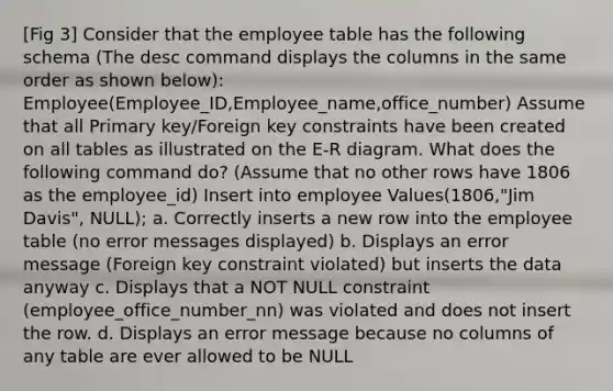 [Fig 3] Consider that the employee table has the following schema (The desc command displays the columns in the same order as shown below): Employee(Employee_ID,Employee_name,office_number) Assume that all Primary key/Foreign key constraints have been created on all tables as illustrated on the E-R diagram. What does the following command do? (Assume that no other rows have 1806 as the employee_id) Insert into employee Values(1806,"Jim Davis", NULL); a. Correctly inserts a new row into the employee table (no error messages displayed) b. Displays an error message (Foreign key constraint violated) but inserts the data anyway c. Displays that a NOT NULL constraint (employee_office_number_nn) was violated and does not insert the row. d. Displays an error message because no columns of any table are ever allowed to be NULL