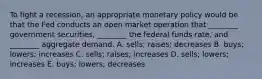 To fight a​ recession, an appropriate monetary policy would be that the Fed conducts an open market operation that​ ________ government​ securities, ________ the federal funds​ rate, and​ ________ aggregate demand. A. ​sells; raises; decreases B. ​buys; lowers; increases C. ​sells; raises; increases D. ​sells; lowers; increases E. ​buys; lowers; decreases