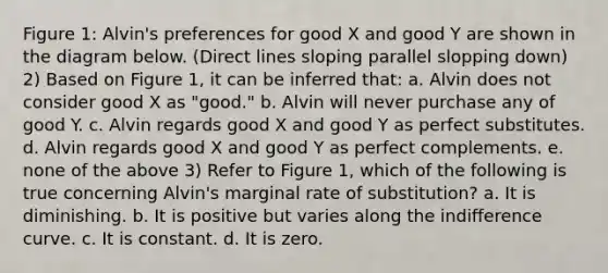 Figure 1: Alvin's preferences for good X and good Y are shown in the diagram below. (Direct lines sloping parallel slopping down) 2) Based on Figure 1, it can be inferred that: a. Alvin does not consider good X as "good." b. Alvin will never purchase any of good Y. c. Alvin regards good X and good Y as perfect substitutes. d. Alvin regards good X and good Y as perfect complements. e. none of the above 3) Refer to Figure 1, which of the following is true concerning Alvin's marginal rate of substitution? a. It is diminishing. b. It is positive but varies along the indifference curve. c. It is constant. d. It is zero.