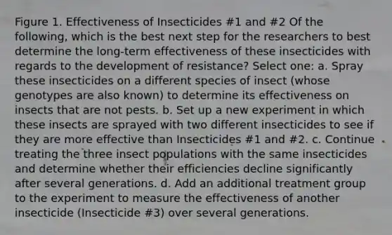 Figure 1. Effectiveness of Insecticides #1 and #2 Of the following, which is the best next step for the researchers to best determine the long-term effectiveness of these insecticides with regards to the development of resistance? Select one: a. Spray these insecticides on a different species of insect (whose genotypes are also known) to determine its effectiveness on insects that are not pests. b. Set up a new experiment in which these insects are sprayed with two different insecticides to see if they are more effective than Insecticides #1 and #2. c. Continue treating the three insect populations with the same insecticides and determine whether their efficiencies decline significantly after several generations. d. Add an additional treatment group to the experiment to measure the effectiveness of another insecticide (Insecticide #3) over several generations.