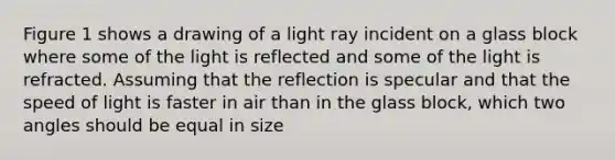 Figure 1 shows a drawing of a light ray incident on a glass block where some of the light is reflected and some of the light is refracted. Assuming that the reflection is specular and that the speed of light is faster in air than in the glass block, which two angles should be equal in size