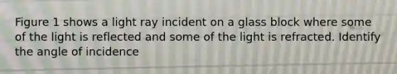 Figure 1 shows a light ray incident on a glass block where some of the light is reflected and some of the light is refracted. Identify the angle of incidence