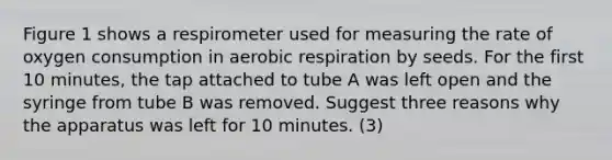 Figure 1 shows a respirometer used for measuring the rate of oxygen consumption in <a href='https://www.questionai.com/knowledge/kyxGdbadrV-aerobic-respiration' class='anchor-knowledge'>aerobic respiration</a> by seeds. For the first 10 minutes, the tap attached to tube A was left open and the syringe from tube B was removed. Suggest three reasons why the apparatus was left for 10 minutes. (3)