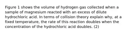 Figure 1 shows the volume of hydrogen gas collected when a sample of magnesium reacted with an excess of dilute hydrochloric acid. In terms of collision theory explain why, at a fixed temperature, the rate of this reaction doubles when the concentration of the hydrochloric acid doubles. (2)