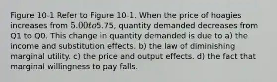 Figure 10-1 Refer to Figure 10-1. When the price of hoagies increases from 5.00 to5.75, quantity demanded decreases from Q1 to Q0. This change in quantity demanded is due to a) the income and substitution effects. b) the law of diminishing marginal utility. c) the price and output effects. d) the fact that marginal willingness to pay falls.