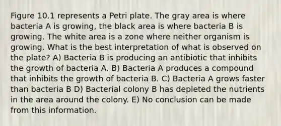 Figure 10.1 represents a Petri plate. The gray area is where bacteria A is growing, the black area is where bacteria B is growing. The white area is a zone where neither organism is growing. What is the best interpretation of what is observed on the plate? A) Bacteria B is producing an antibiotic that inhibits the growth of bacteria A. B) Bacteria A produces a compound that inhibits the growth of bacteria B. C) Bacteria A grows faster than bacteria B D) Bacterial colony B has depleted the nutrients in the area around the colony. E) No conclusion can be made from this information.