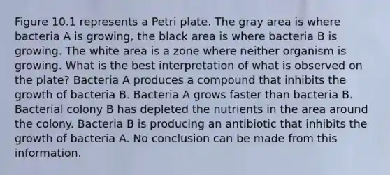 Figure 10.1 represents a Petri plate. The gray area is where bacteria A is growing, the black area is where bacteria B is growing. The white area is a zone where neither organism is growing. What is the best interpretation of what is observed on the plate? Bacteria A produces a compound that inhibits the growth of bacteria B. Bacteria A grows faster than bacteria B. Bacterial colony B has depleted the nutrients in the area around the colony. Bacteria B is producing an antibiotic that inhibits the growth of bacteria A. No conclusion can be made from this information.