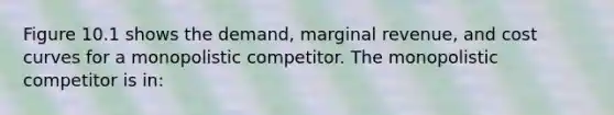 Figure 10.1 shows the demand, marginal revenue, and cost curves for a monopolistic competitor. The monopolistic competitor is in: