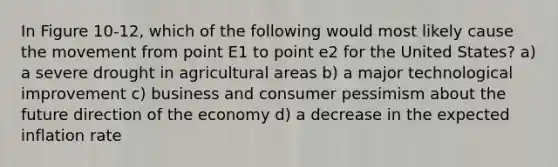 In Figure 10-12, which of the following would most likely cause the movement from point E1 to point e2 for the United States? a) a severe drought in agricultural areas b) a major technological improvement c) business and consumer pessimism about the future direction of the economy d) a decrease in the expected inflation rate