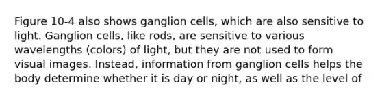 Figure 10-4 also shows ganglion cells, which are also sensitive to light. Ganglion cells, like rods, are sensitive to various wavelengths (colors) of light, but they are not used to form visual images. Instead, information from ganglion cells helps the body determine whether it is day or night, as well as the level of