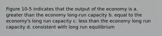 Figure 10-5 indicates that the output of the economy is a. greater than the economy long-run capacity b. equal to the economy's long run capacity c. less than the economy long run capacity d. consistent with long run equilibrium