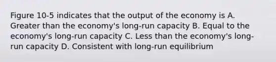 Figure 10-5 indicates that the output of the economy is A. Greater than the economy's long-run capacity B. Equal to the economy's long-run capacity C. Less than the economy's long-run capacity D. Consistent with long-run equilibrium