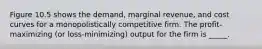 Figure 10.5 shows the demand, marginal revenue, and cost curves for a monopolistically competitive firm. The profit-maximizing (or loss-minimizing) output for the firm is _____.