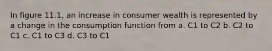 In figure 11.1, an increase in consumer wealth is represented by a change in the consumption function from a. C1 to C2 b. C2 to C1 c. C1 to C3 d. C3 to C1