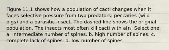 Figure 11.1 shows how a population of cacti changes when it faces selective pressure from two predators: peccaries (wild pigs) and a parasitic insect. The dashed line shows the original population. The insects most often kill cacti with a[n] Select one: a. intermediate number of spines. b. high number of spines. c. complete lack of spines. d. low number of spines.