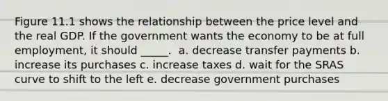 Figure 11.1 shows the relationship between the price level and the real GDP. If the government wants the economy to be at full employment, it should _____. ​ a. decrease transfer payments b. increase its purchases c. increase taxes d. wait for the SRAS curve to shift to the left e. decrease government purchases