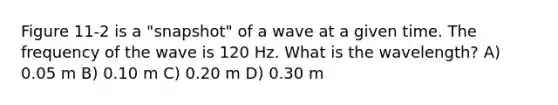 Figure 11-2 is a "snapshot" of a wave at a given time. The frequency of the wave is 120 Hz. What is the wavelength? A) 0.05 m B) 0.10 m C) 0.20 m D) 0.30 m