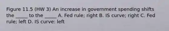Figure 11.5 (HW 3) An increase in government spending shifts the _____ to the _____ A. Fed rule; right B. IS curve; right C. Fed rule; left D. IS curve: left