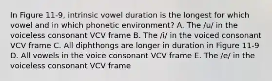 In Figure 11-9, intrinsic vowel duration is the longest for which vowel and in which phonetic environment? A. The /u/ in the voiceless consonant VCV frame B. The /i/ in the voiced consonant VCV frame C. All diphthongs are longer in duration in Figure 11-9 D. All vowels in the voice consonant VCV frame E. The /e/ in the voiceless consonant VCV frame