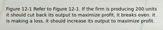 Figure 12-1 Refer to Figure 12-1. If the firm is producing 200 units it should cut back its output to maximize profit. it breaks even. it is making a loss. it should increase its output to maximize profit.