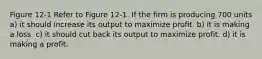 Figure 12-1 Refer to Figure 12-1. If the firm is producing 700 units a) it should increase its output to maximize profit. b) it is making a loss. c) it should cut back its output to maximize profit. d) it is making a profit.