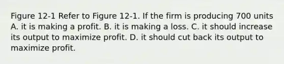 Figure 12-1 Refer to Figure 12-1. If the firm is producing 700 units A. it is making a profit. B. it is making a loss. C. it should increase its output to maximize profit. D. it should cut back its output to maximize profit.