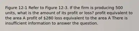 Figure 12-1 Refer to Figure 12-3. If the firm is producing 500 units, what is the amount of its profit or loss? profit equivalent to the area A profit of 280 loss equivalent to the area A There is insufficient information to answer the question.