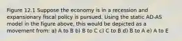 Figure 12.1 Suppose the economy is in a recession and expansionary fiscal policy is pursued. Using the static AD-AS model in the figure above, this would be depicted as a movement from: a) A to B b) B to C c) C to B d) B to A e) A to E