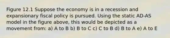 Figure 12.1 Suppose the economy is in a recession and expansionary fiscal policy is pursued. Using the static AD-AS model in the figure above, this would be depicted as a movement from: a) A to B b) B to C c) C to B d) B to A e) A to E