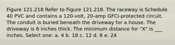 Figure 121.218 Refer to Figure 121.218. The raceway is Schedule 40 PVC and contains a 120-volt, 20-amp GFCI-protected circuit. The conduit is buried beneath the driveway for a house. The driveway is 6 inches thick. The minimum distance for "X" is ___ inches. Select one: a. 4 b. 18 c. 12 d. 6 e. 24