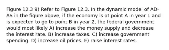 Figure 12.3 9) Refer to Figure 12.3. In the dynamic model of AD-AS in the figure above, if the economy is at point A in year 1 and is expected to go to point B in year 2, the federal government would most likely A) increase the money supply and decrease the interest rate. B) increase taxes. C) increase government spending. D) increase oil prices. E) raise interest rates.