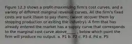 Figure 12.3 shows a profit-maximizing firm's cost curves, and a variety of different marginal revenue curves. All the firm's fixed costs are sunk (have to pay them; cannot recover them by stopping production or exiting the industry). A firm that has already entered the market has a supply curve that corresponds to the marginal cost curve above_____ , below which point the firm will produce no output. a. P1 b. P2 c. P3 d. P4 e. P5